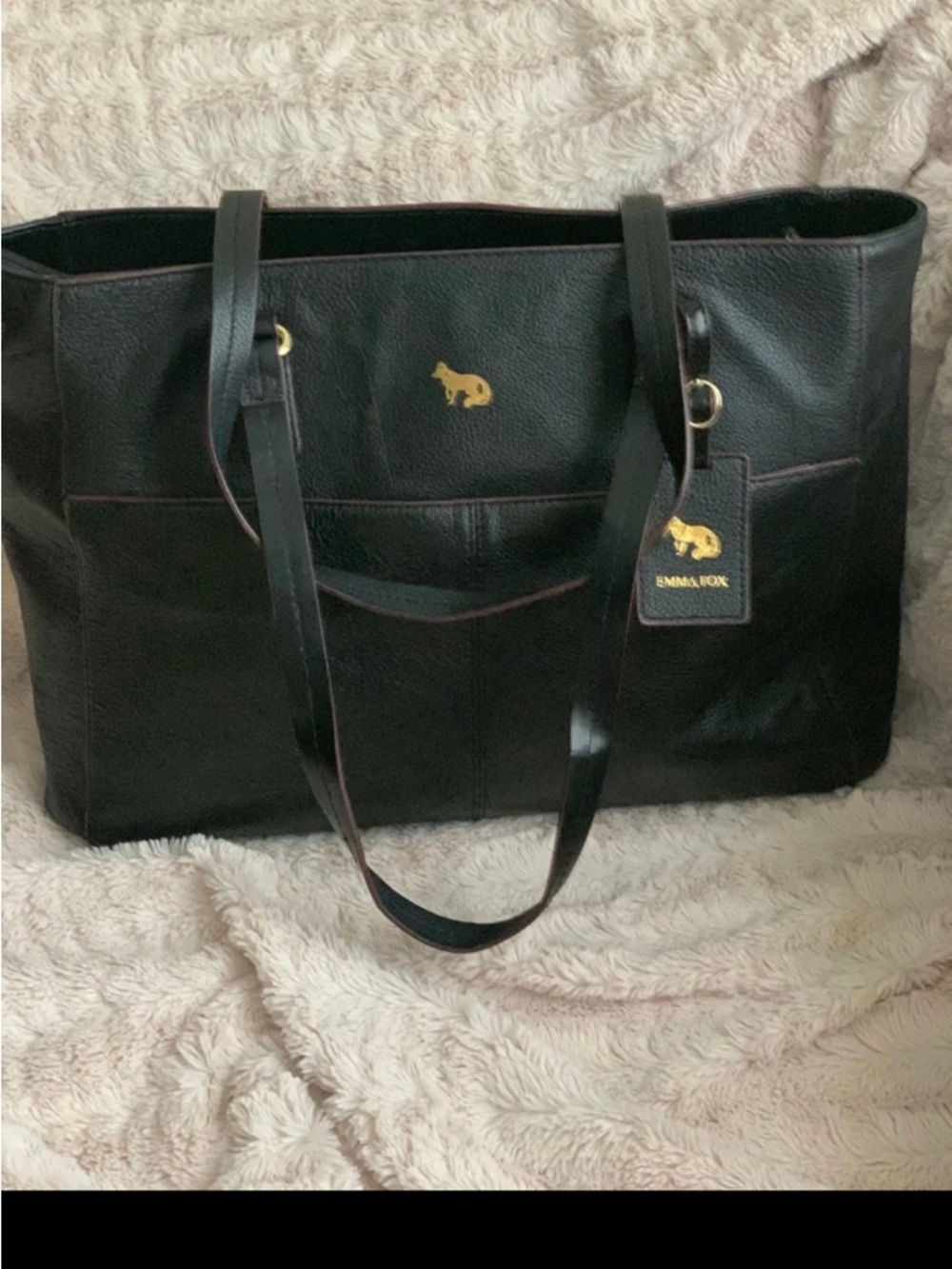 Emma Fox Black Leather Tote with Gold Fox Emblem
